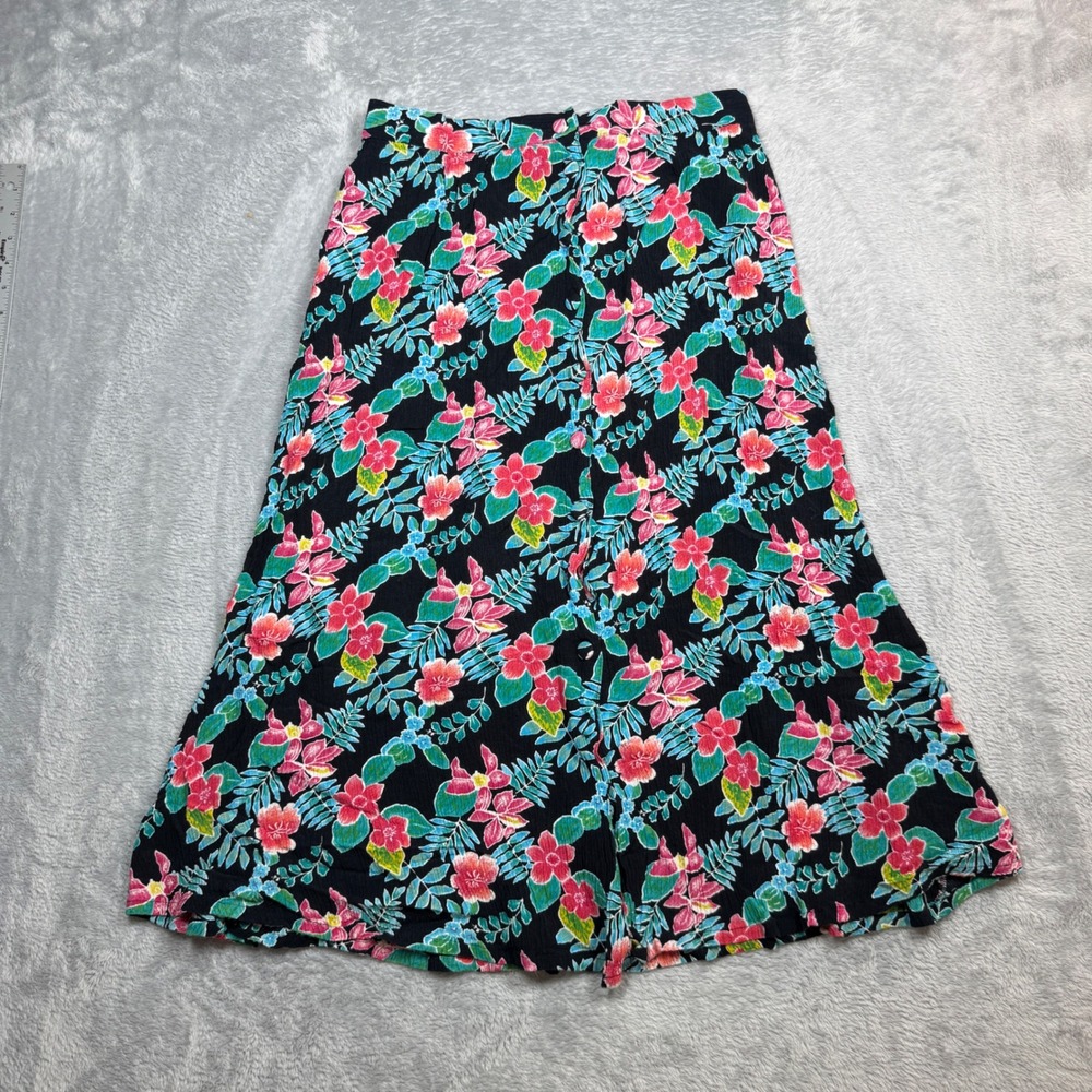 Vintage Maxi Skirt Womens M (Fits 30) Black Floral Rayon 90s Hawaiian Tropical